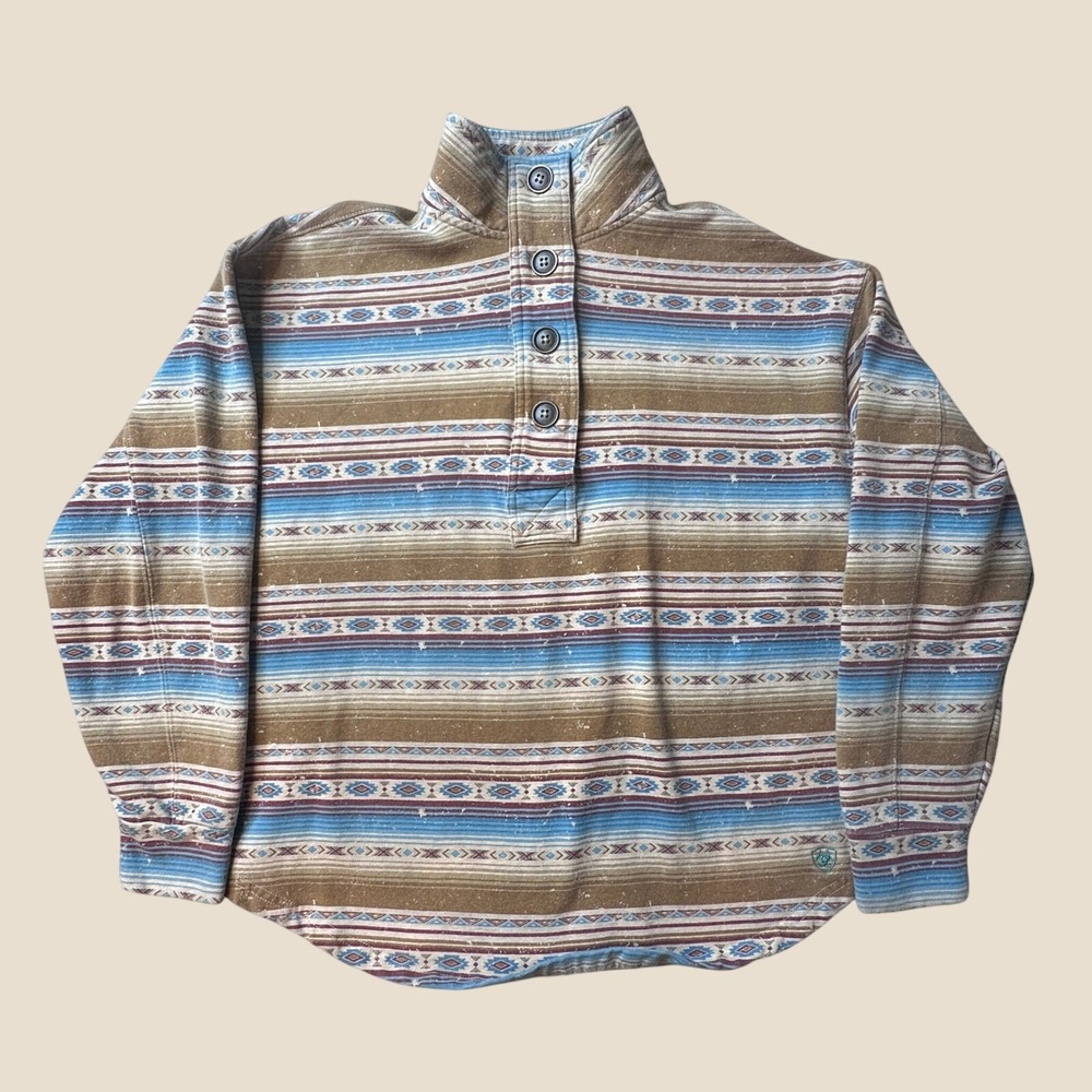 Ariat Pullover Women S Southwestern Geometric Blue Brown Mock Neck Button Top